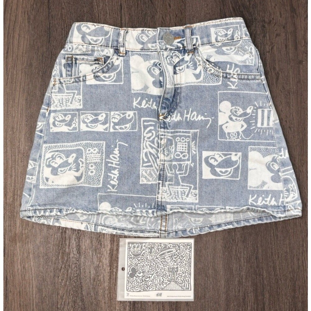 H&M Disney Mickey Mouse x Keith Haring Denim Skirt Graphic Art 5/6 WITH STICKER!